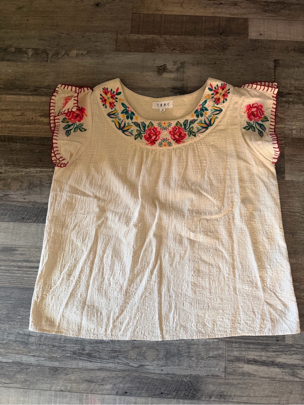 THML Cream Embroidered Flutter Sleeve Blouse with Multicolor Floral Yoke